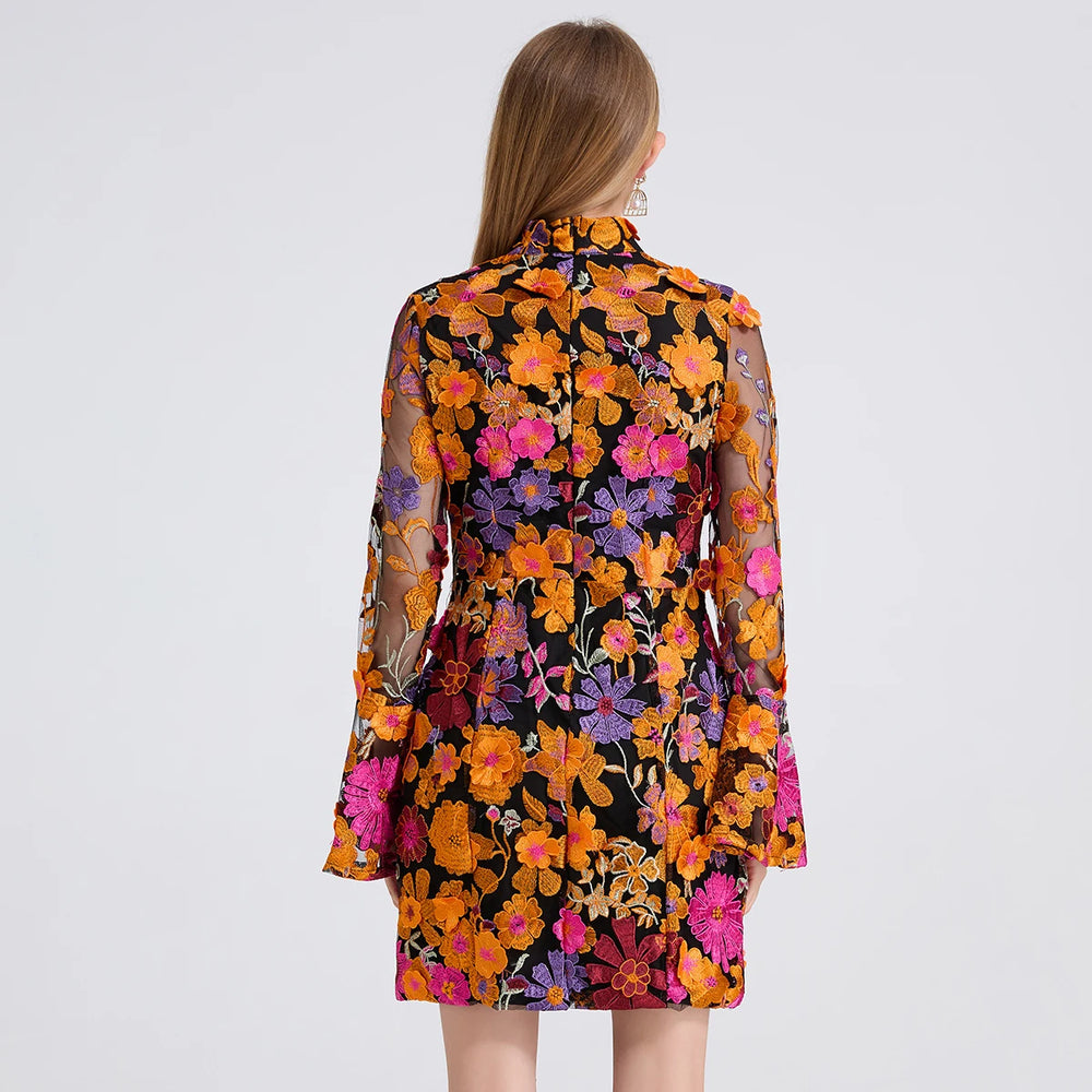 Vibrant Floral Embroidered Mesh Mini Dress