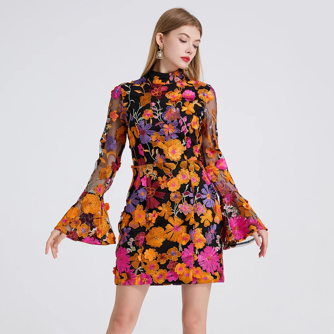 Vibrant Floral Embroidered Mesh Mini Dress