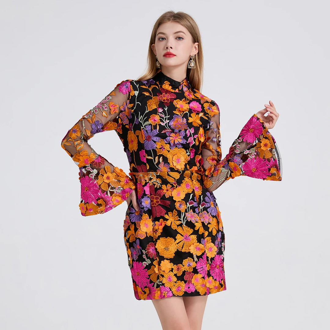 Vibrant Floral Embroidered Mesh Mini Dress