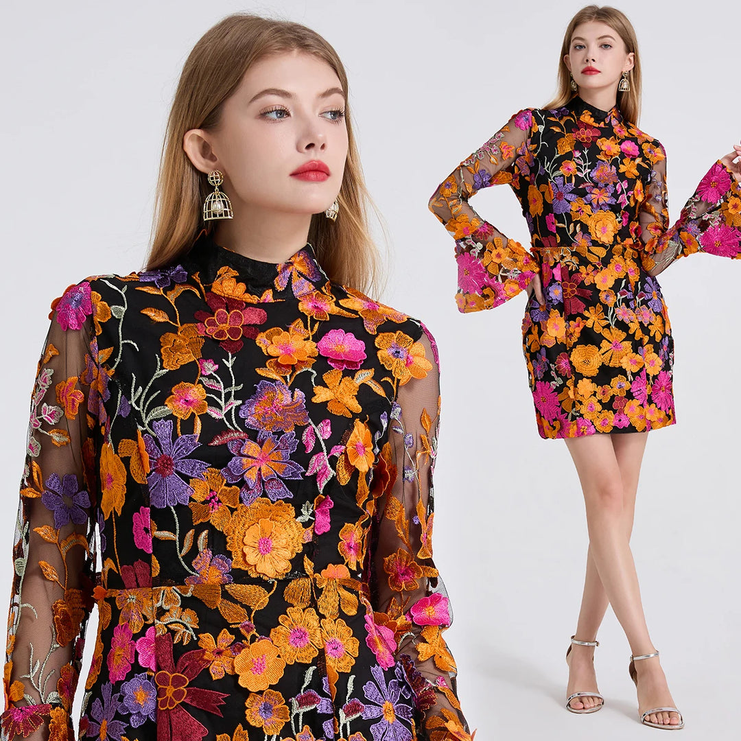 Vibrant Floral Embroidered Mesh Mini Dress