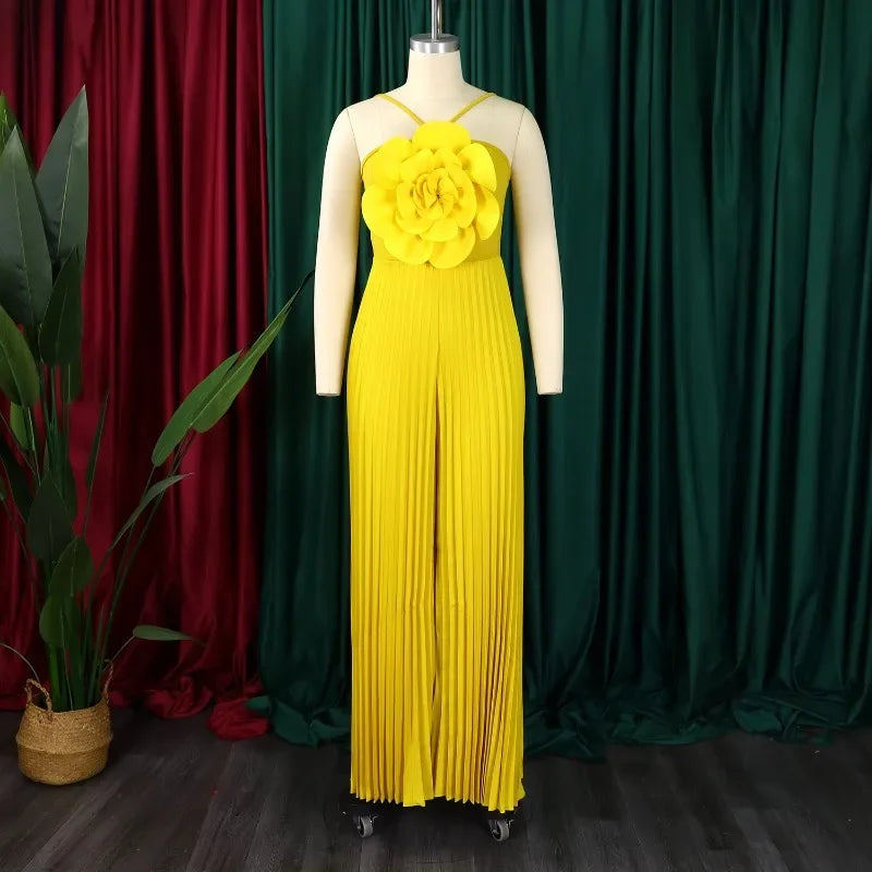 Vibrant Halter Pleated Wide Leg Jumpsuit