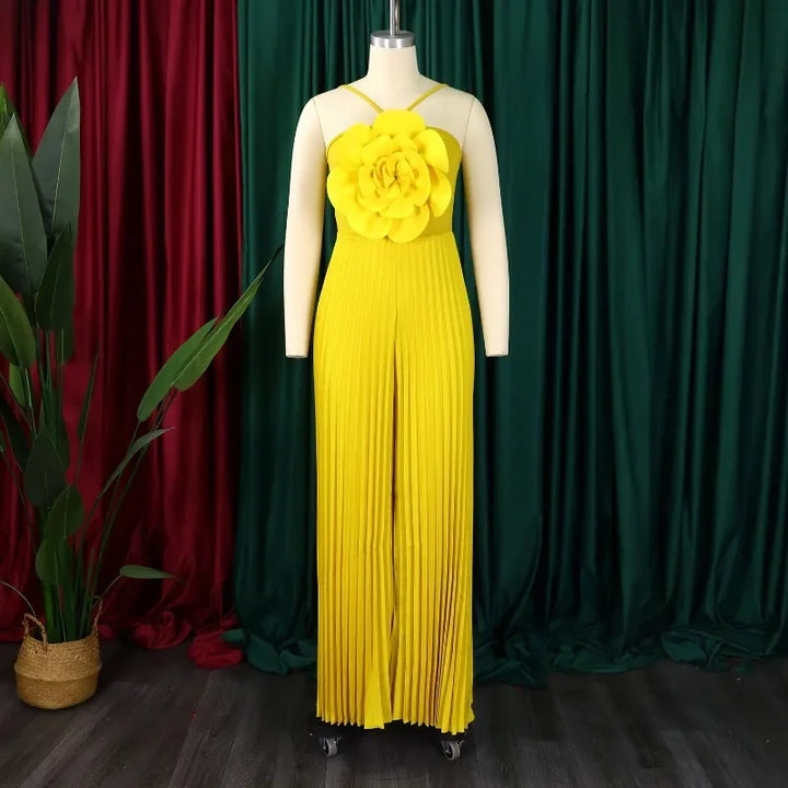 Vibrant Halter Pleated Wide Leg Jumpsuit