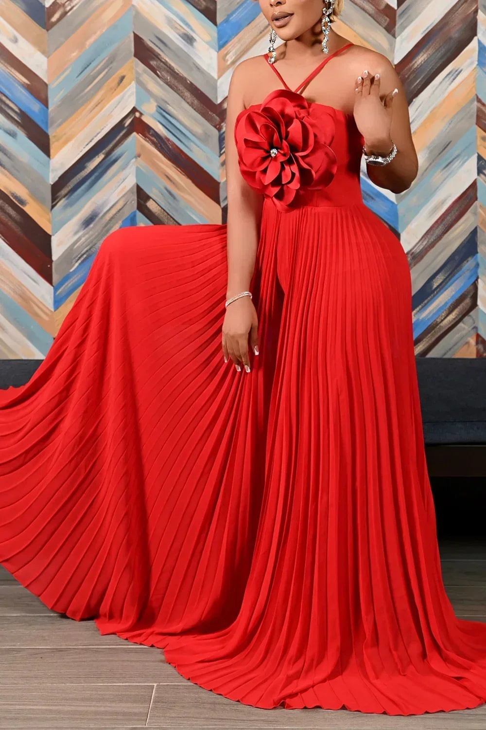 Vibrant Halter Pleated Wide Leg Jumpsuit
