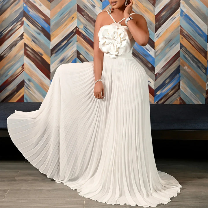 Vibrant Halter Pleated Wide Leg Jumpsuit