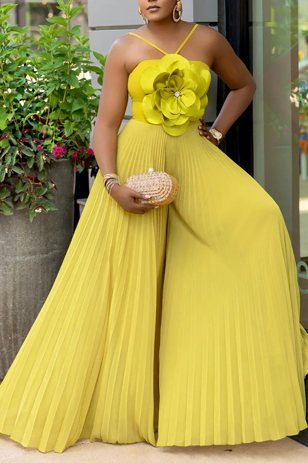 Vibrant Halter Pleated Wide Leg Jumpsuit