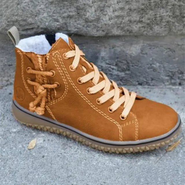 Vintage-Inspired PU Leather Lace-Up Boots