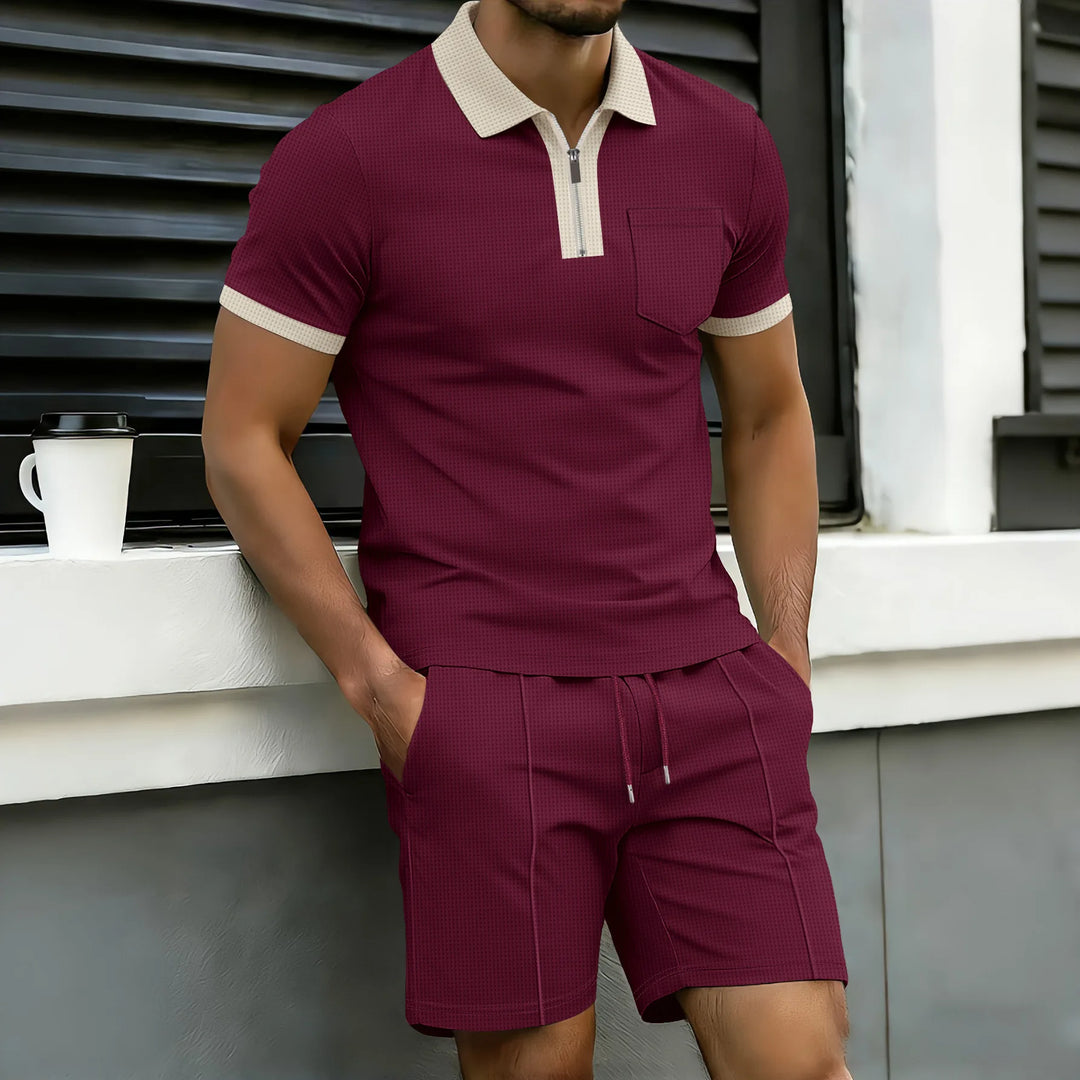  Waffle Knit Zip Polo & Shorts Set