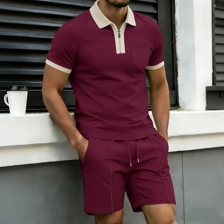  Waffle Knit Zip Polo & Shorts Set