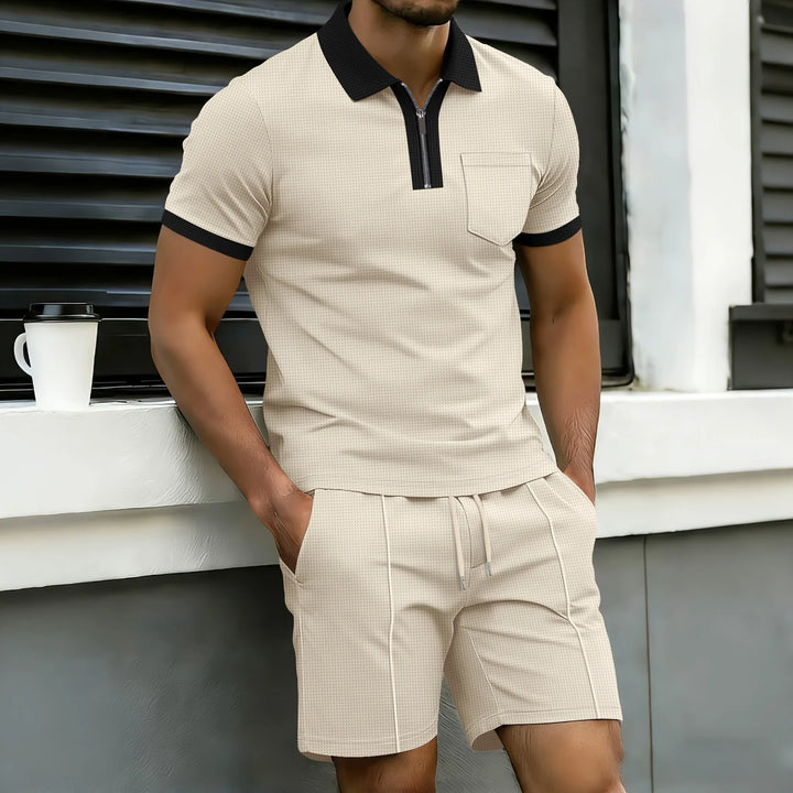  Waffle Knit Zip Polo & Shorts Set
