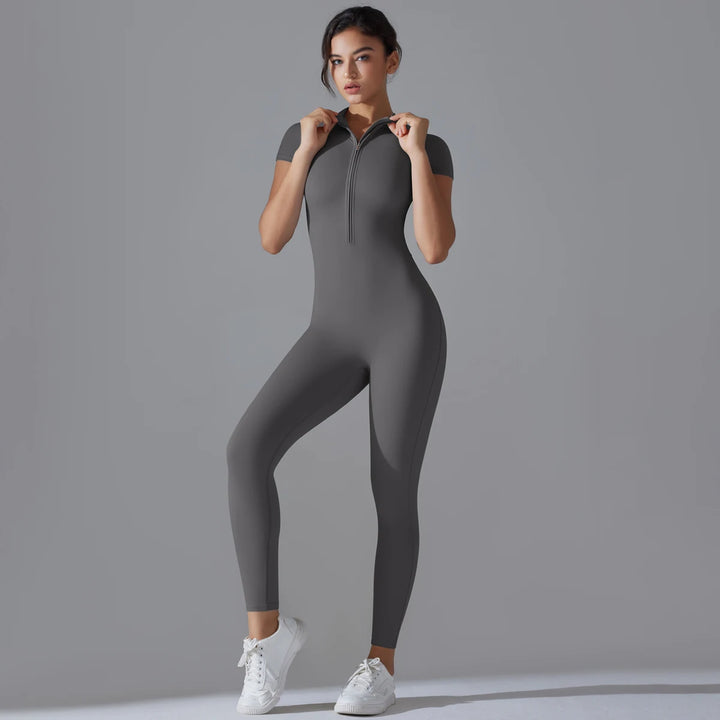 Chic Zip-Up Short Sleeve Workout Jumpsuit