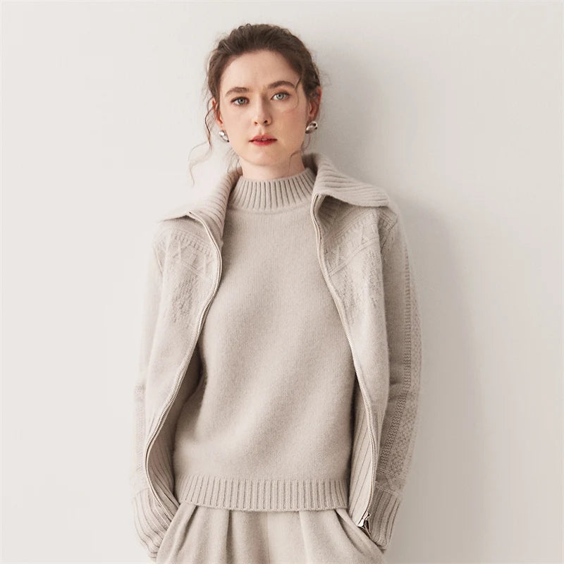 Women's 100% Cashmere Double-Zip High Collar Cardigan