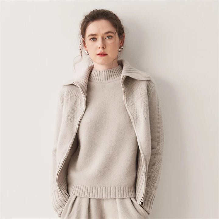 Women's 100% Cashmere Double-Zip High Collar Cardigan