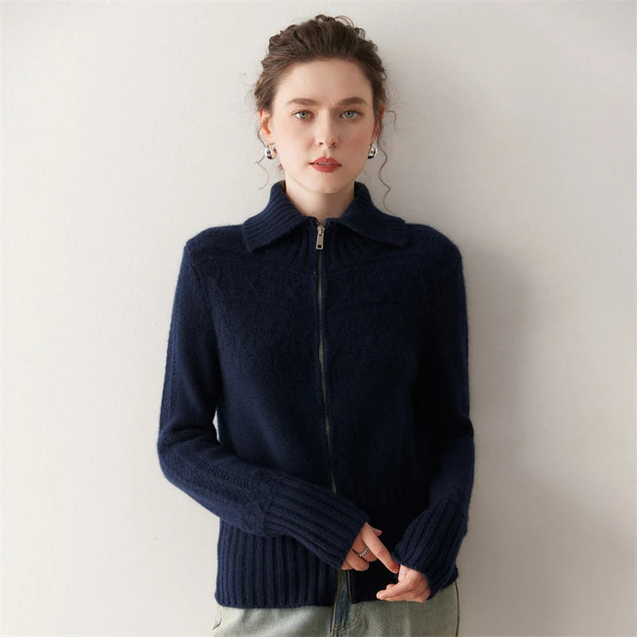 Women's 100% Cashmere Double-Zip High Collar Cardigan