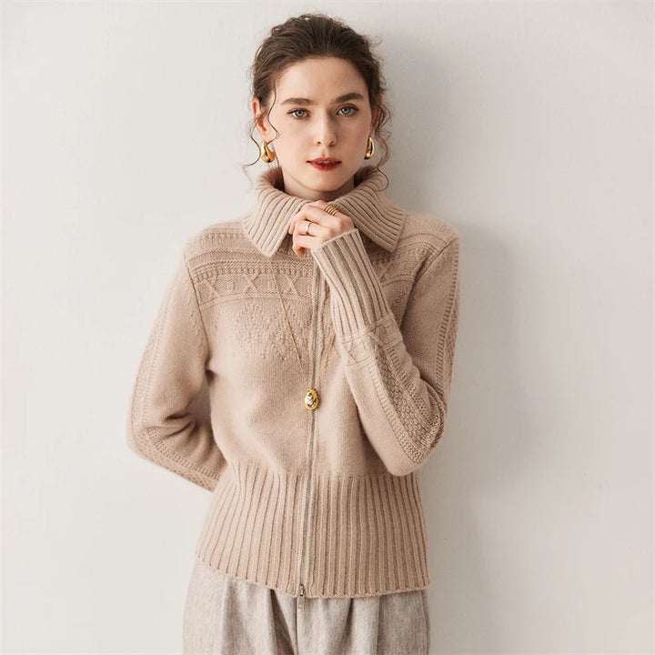 Women's 100% Cashmere Double-Zip High Collar Cardigan