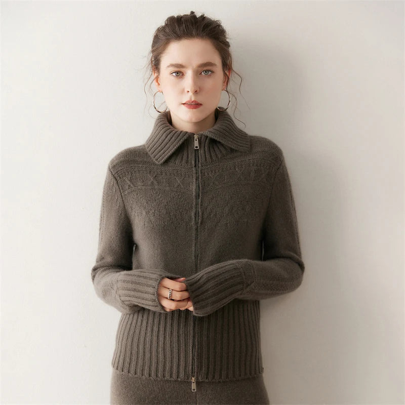 Women's 100% Cashmere Double-Zip High Collar Cardigan