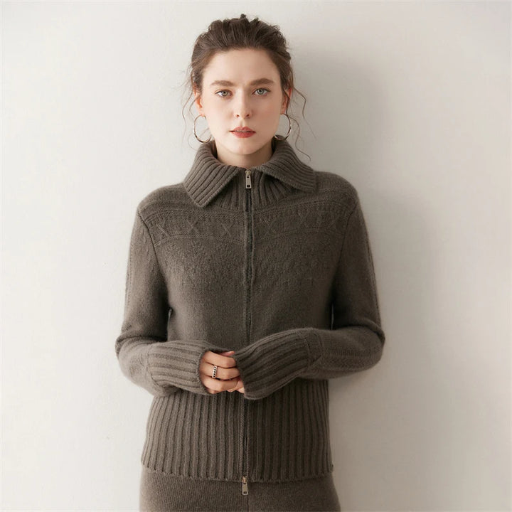 Women's 100% Cashmere Double-Zip High Collar Cardigan