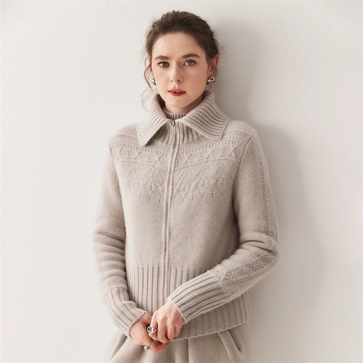 Women's 100% Cashmere Double-Zip High Collar Cardigan