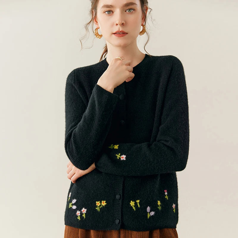 Women's 100% Cashmere Embroidered Crewneck Cardigan