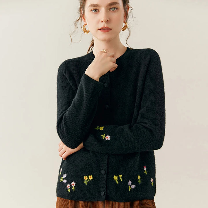 Women's 100% Cashmere Embroidered Crewneck Cardigan