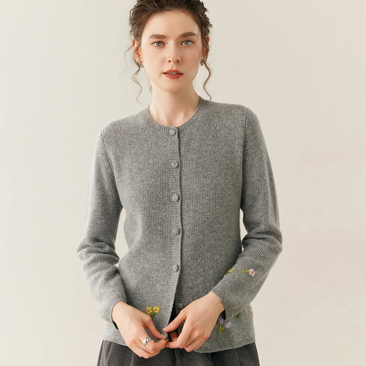 Women's 100% Cashmere Embroidered Crewneck Cardigan