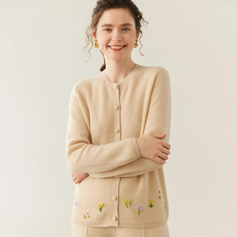 Women's 100% Cashmere Embroidered Crewneck Cardigan