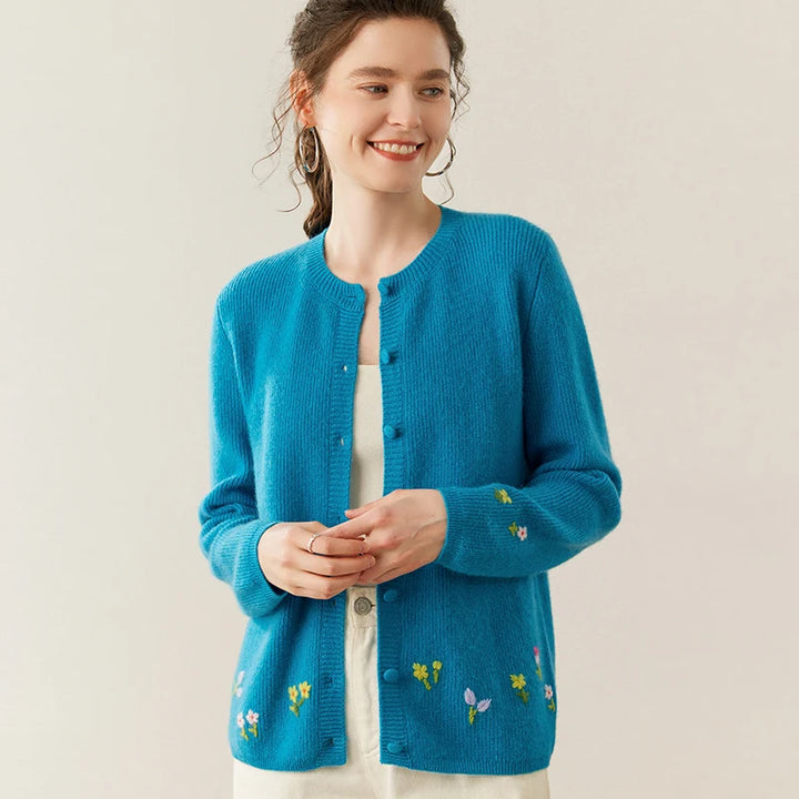 Women's 100% Cashmere Embroidered Crewneck Cardigan