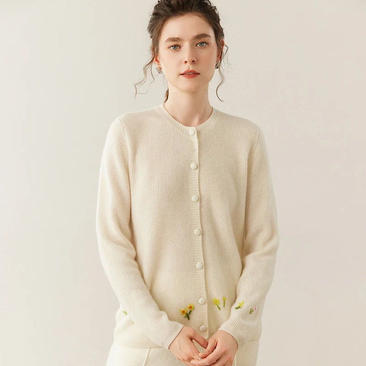 Women's 100% Cashmere Embroidered Crewneck Cardigan