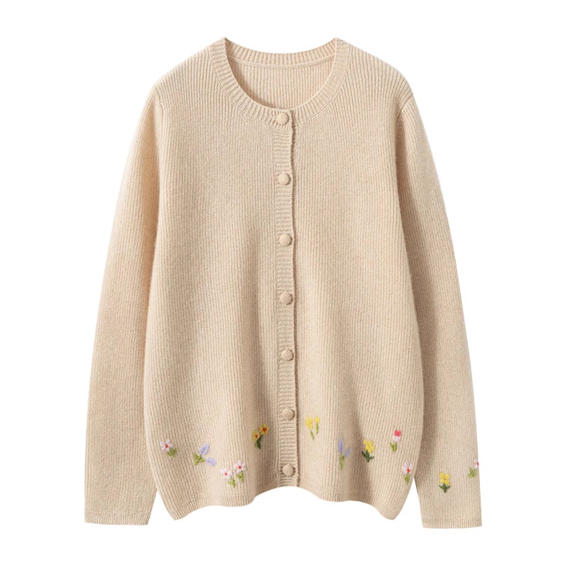Women's 100% Cashmere Embroidered Crewneck Cardigan