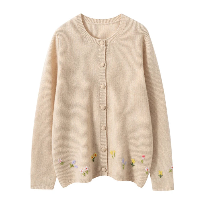 Women's 100% Cashmere Embroidered Crewneck Cardigan