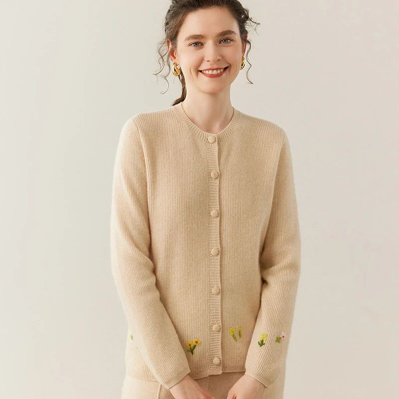Women's 100% Cashmere Embroidered Crewneck Cardigan