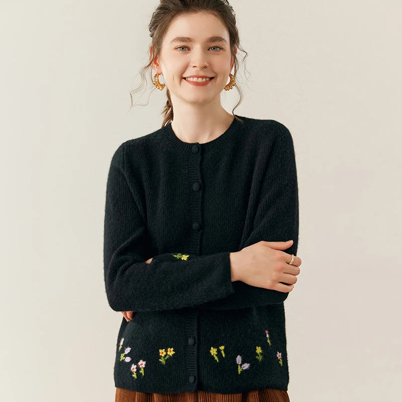 Women's 100% Cashmere Embroidered Crewneck Cardigan