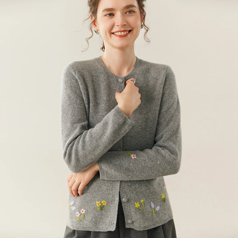 Women's 100% Cashmere Embroidered Crewneck Cardigan
