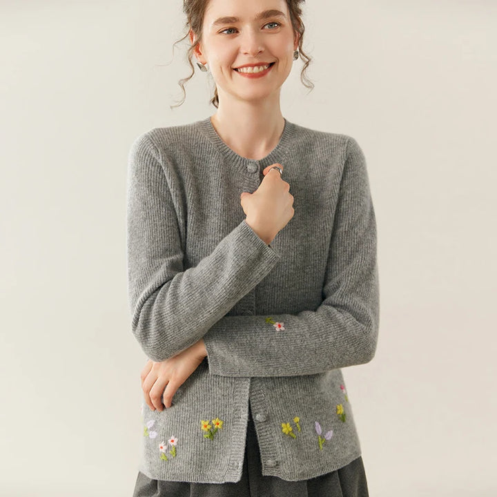 Women's 100% Cashmere Embroidered Crewneck Cardigan