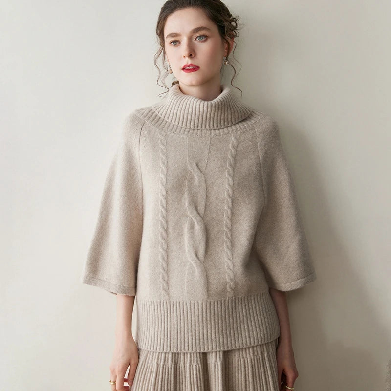 Women's Cable Knit Cashmere Turtleneck Sweater