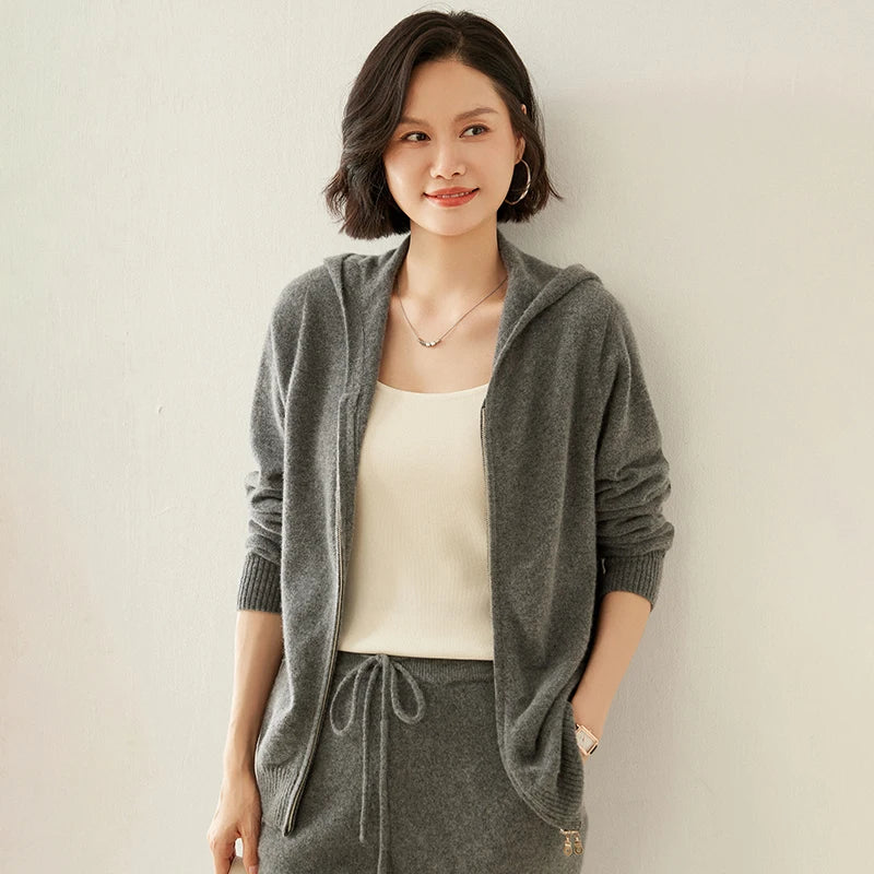 Women's Cashmere Knit Zip Hoodie Cardigan