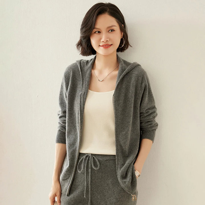 Women's Cashmere Knit Zip Hoodie Cardigan