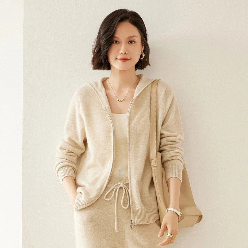 Women's Cashmere Knit Zip Hoodie Cardigan