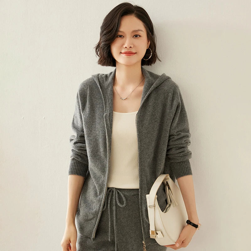Women's Cashmere Knit Zip Hoodie Cardigan