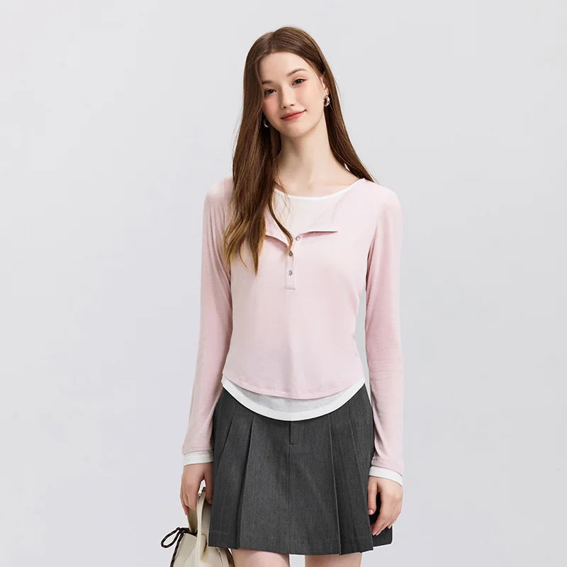 Women's Faux Two-Piece Slim Long Sleeve Top