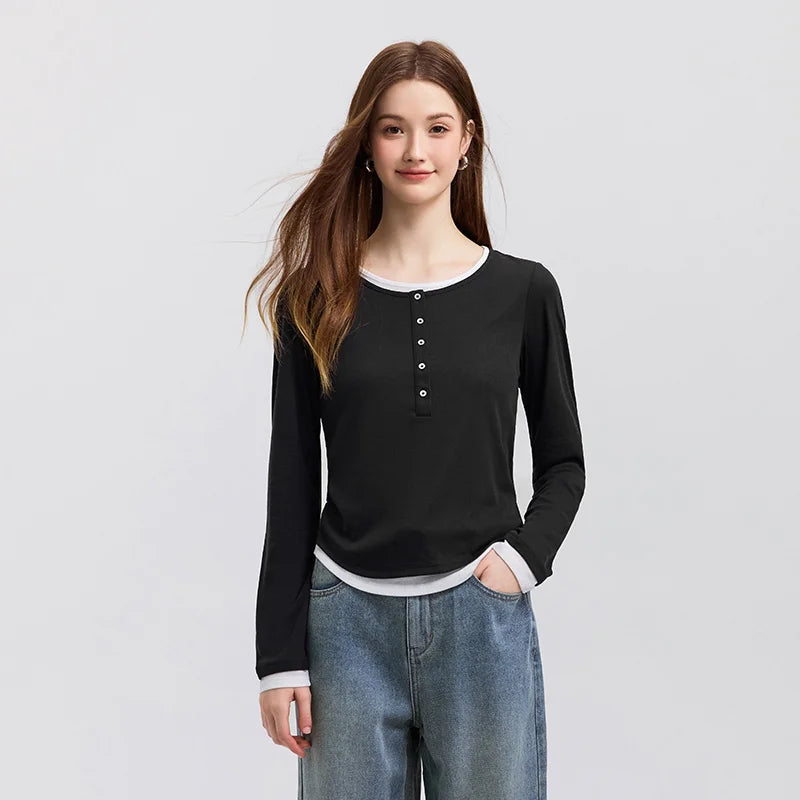 Women's Faux Two-Piece Slim Long Sleeve Top