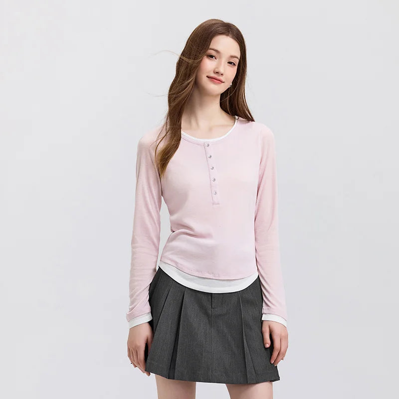 Women's Faux Two-Piece Slim Long Sleeve Top