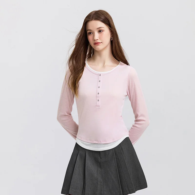 Women's Faux Two-Piece Slim Long Sleeve Top