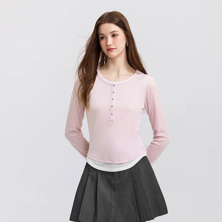 Women's Faux Two-Piece Slim Long Sleeve Top