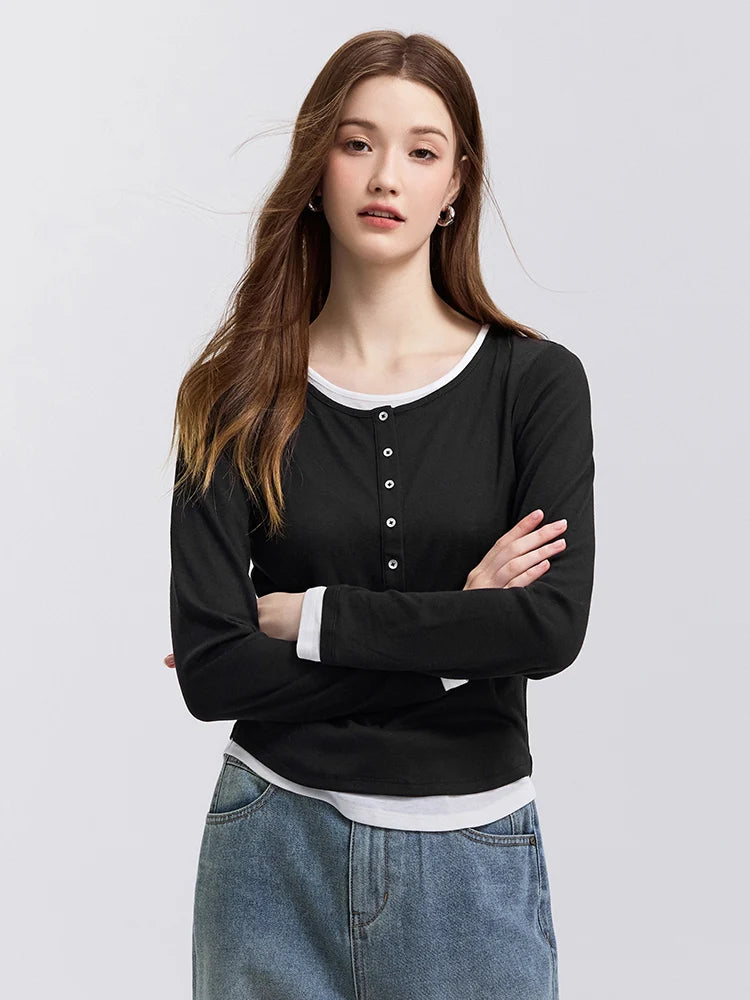 Women's Faux Two-Piece Slim Long Sleeve Top