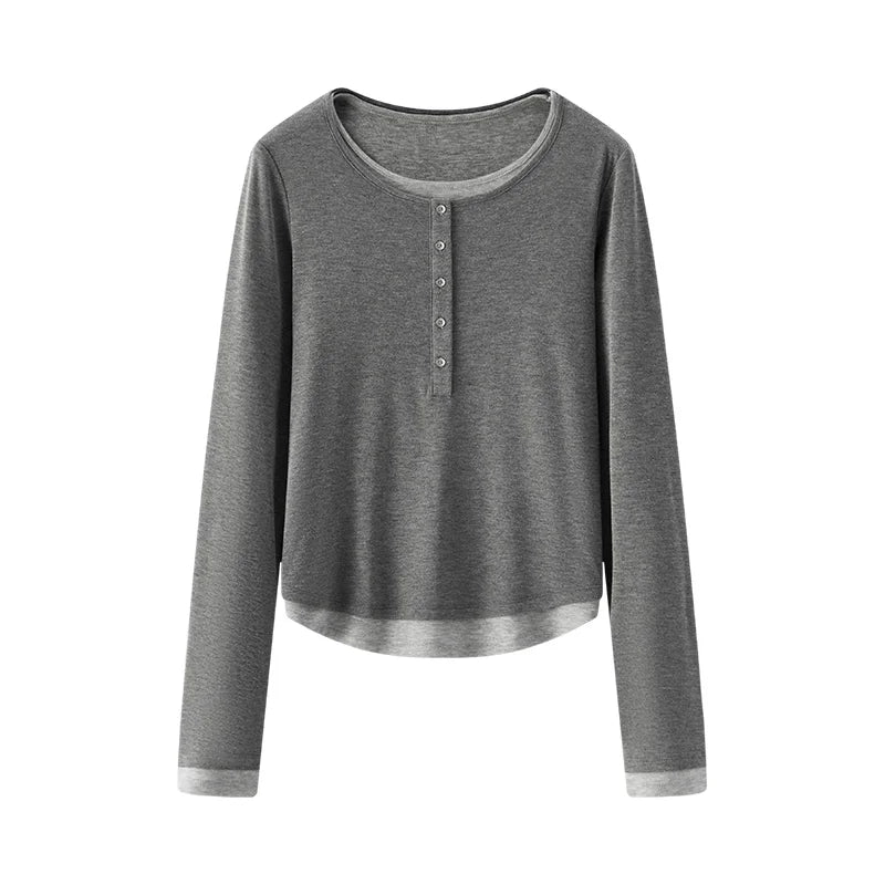 Women's Faux Two-Piece Slim Long Sleeve Top