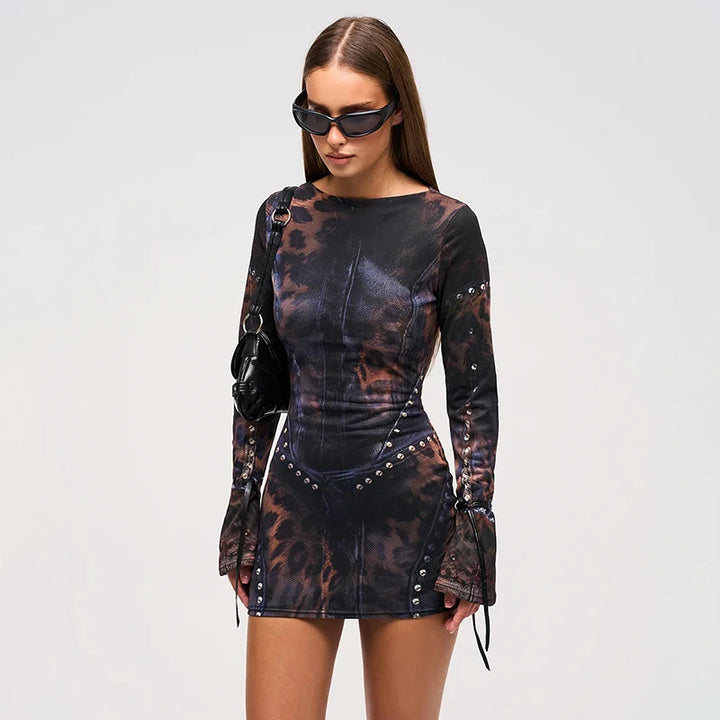 Women's Leopard Print Mini Dress Long Sleeve Y2K