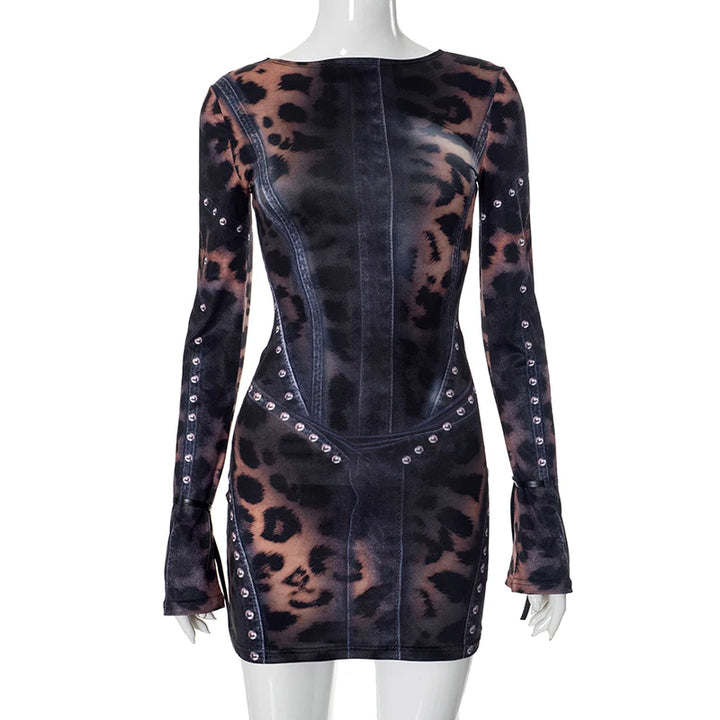 Women's Leopard Print Mini Dress Long Sleeve Y2K