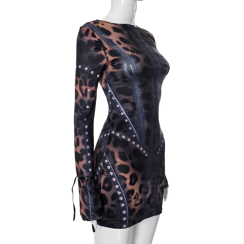 Women's Leopard Print Mini Dress Long Sleeve Y2K