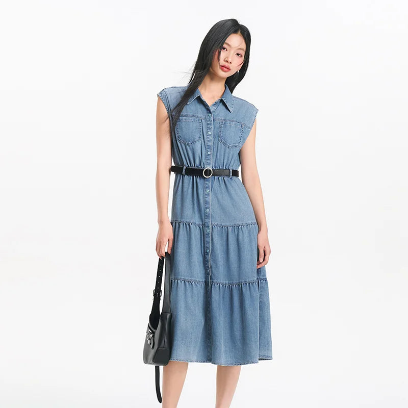 Women's Sleeveless Tiered Denim Midi Dress