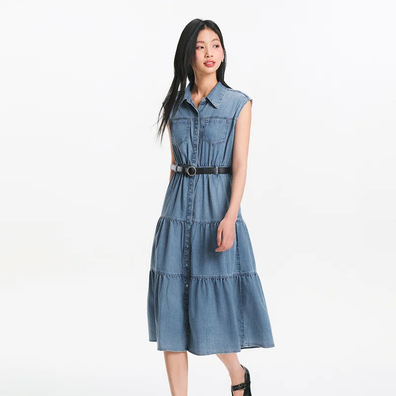 Women's Sleeveless Tiered Denim Midi Dress